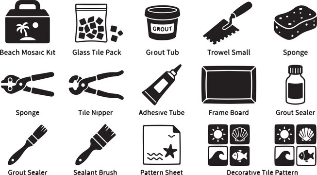 Set of black and white for a mosaic craft kit, featuring tools like a trowel, tile nippers, adhesive, grout, sponge, sealant brush, frame board, and decorative beach-themed tile patterns
