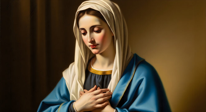 Portrait of virgin mary with head covered in prayer with hands on chest in a peaceful and humble pose