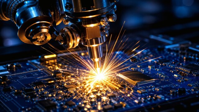 Robotic Soldering with Brilliant Arc Flash on Circuit Board