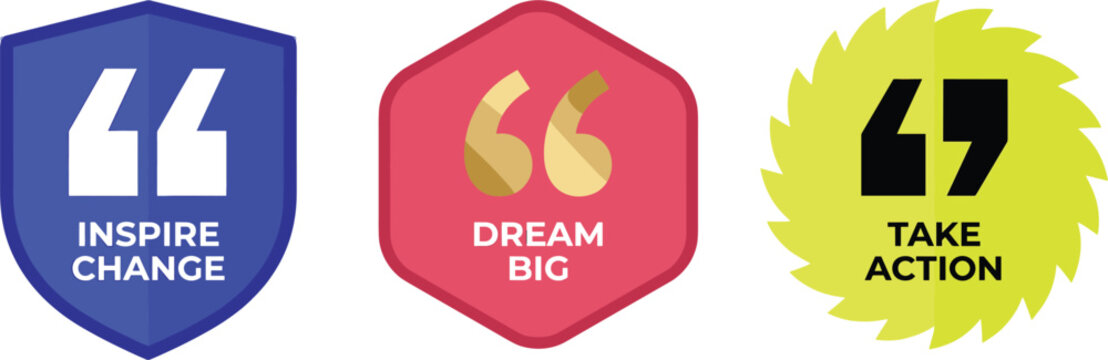Empowering collection of vibrant graphic badges showcasing the journey from visionary dreams to inspiring change and decisive action for success