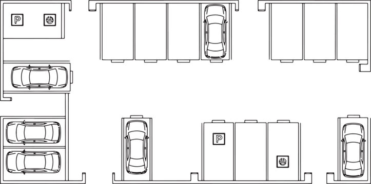 Top view parking lot layout plan with car icons and parking space markings in black line vector