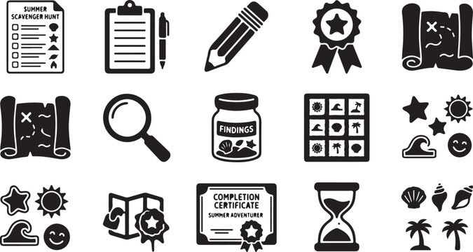 Set of black and white summer scavenger hunt featuring checklists, treasure maps, magnifying glass, findings jar, completion certificate, hourglass, seashells, palm trees, and sun symbols