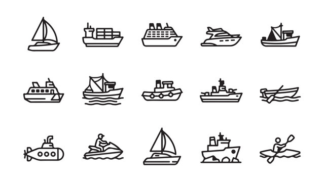 Set of various boat and ship line icons, including sailboat, cargo ship, cruise ship, speedboat, submarine, and kayak, representing marine transportation and recreation.
