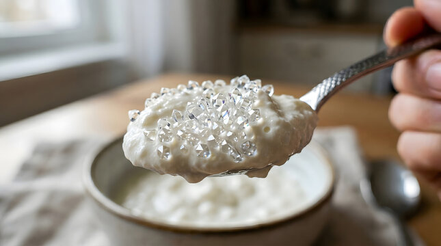 manna porridge on a silver spoon close up of traditional eastern european dessert