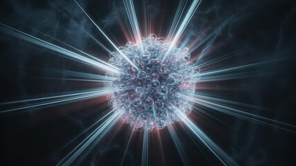 Fototapeta premium Highly detailed illustration of a virus or bacteria with glowing impact effects and energetic particles in dark space background