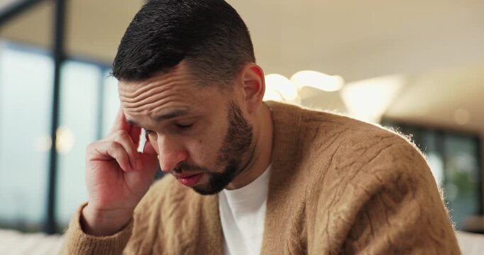 Mental health, overthinking or man in home with headache, anxiety trigger or memory of past trauma. Stress, flare or male person with depression, flashback or overwhelmed with emotional thoughts.