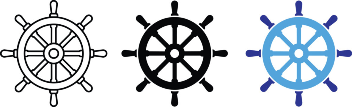 Nautical ship wheel boat steering marine helm navigation flat vector icons illustration graphic element bundle