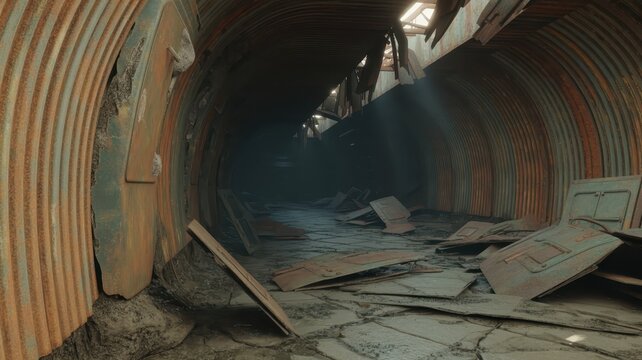 Collapsed underground tunnel with rusted metal walls debris scattered on dirt floor and ceiling damage