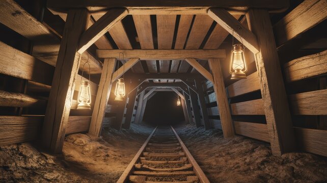 Underground mine tunnel with wooden support beams and lantern lighting along railway tracks