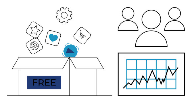 Business management, data analysis, teamwork, online tools, marketing, success. An open box labeled free, icons graphs and team silhouettes. Business management and data analysis focus