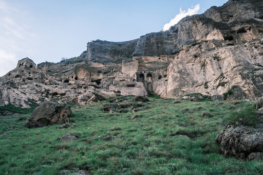 Vardzia cave monastery, Georgia on a caucasian valley in Erusheti Mountain slopes above the winding Mtkvari River