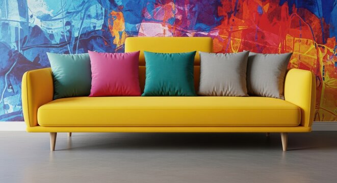 A yellow couch with colorful pillows against a vibrant wall