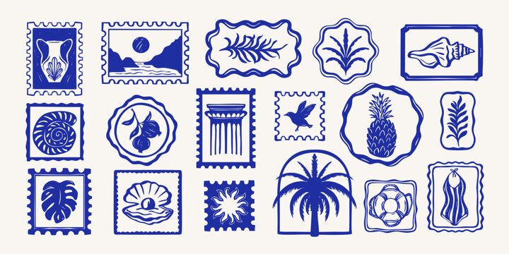 Mediterranean hand drawn stamp and label set with tropical plants, seashells, palm trees and coastal elements. Summer vintage postal style. Vector print.