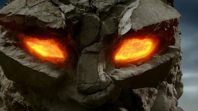 Slow motion tracking shot of stone giant face slowly opening to reveal glowing lava eyes in rocky mountain landscape at dusk
