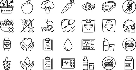 Naklejka premium Healthy Diet Nutrition and Healthcare Line Icons Set with Dieting Food and Fitness Vectors