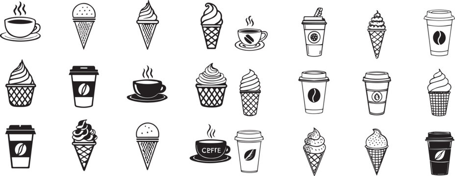 variety ice cream, coffee icons set black and white outline vector collections, clean strokes, isolated on white background	