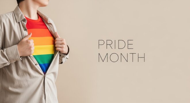 Pride Month concept with person revealing rainbow shirt, LGBTQ community support and identity, colorful striped t-shirt under casual button-down shirt