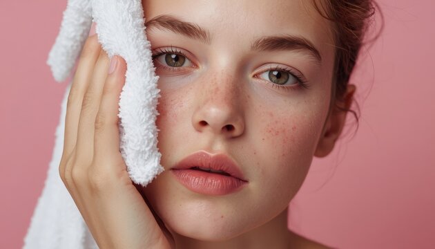 There is a woman with freckles on her face holding a towel over her face