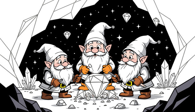 Three cheerful dwarfs mining sparkling gems in a cave environment  