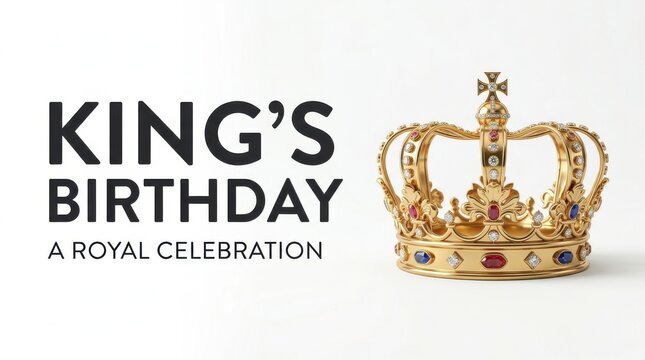 King's Birthday royal celebration greeting, golden crown with jewels on white background, majestic monarchy anniversary banner