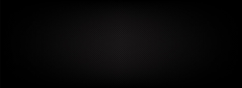 Black perforated metal texture background with holes. Dark industrial speaker grille pattern with vignette effect for gaming, tech, carbon automotive luxury design.