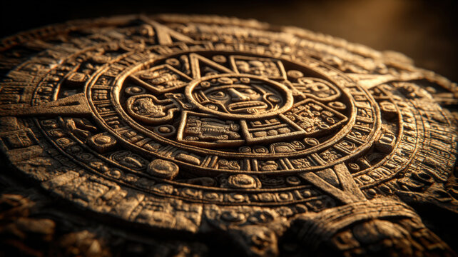 Maya Aztec civilization, Mexico culture. Mysterious, fantasy. A closeup of an ancient artifact, likely a Mayan calendar, is illuminated by a warm, golden light.