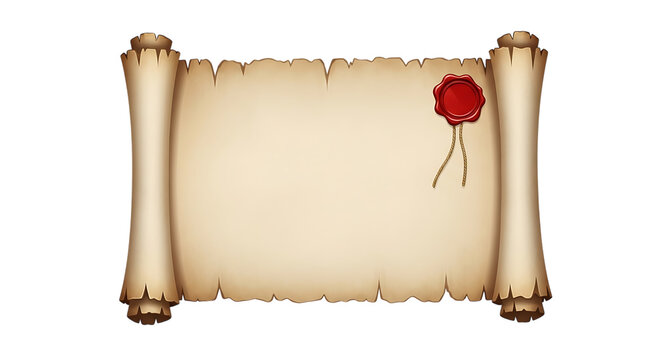 Ancient parchment scroll with red wax seal isolated on transparent background