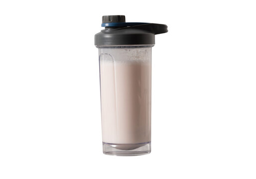 Plastic protein shaker bottle with pink protein shake, fitness drink isolated on transparent background PNG