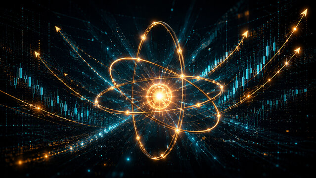 Glowing atom with orbital rings over rising financial chart symbolizing nuclear investment