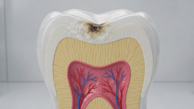 Tooth decay progression animation, macro view of cavity forming in enamel and penetrating into the dentin layers