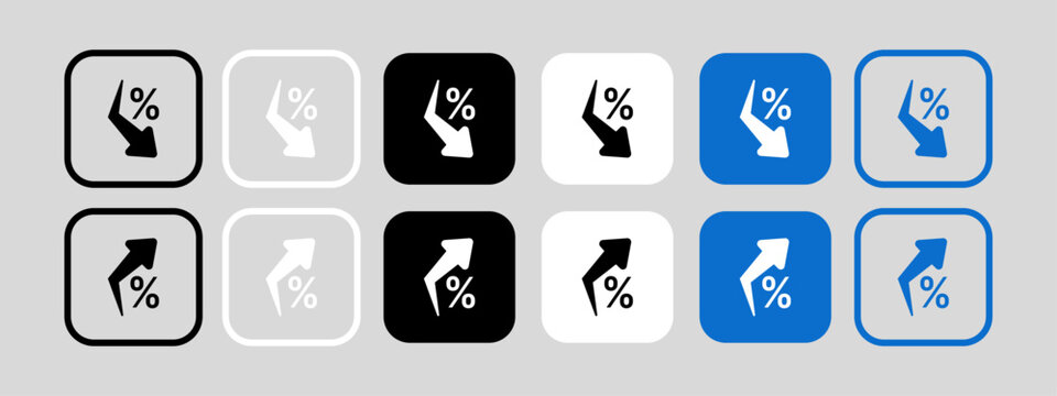 Percentage growth and decline icons set. Percent arrow up and down flat and line style symbols collection - stock vector