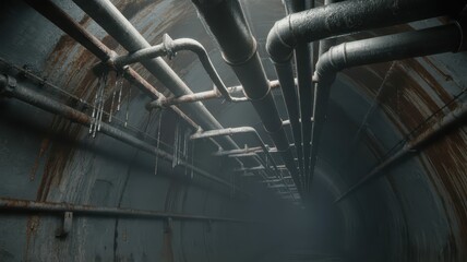 Naklejka premium Underground sewer pipes running through concrete tunnel with rust and corrosion visible on surfaces
