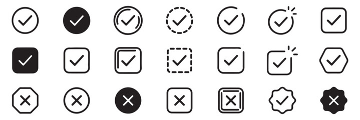 Collection of various check mark icons set. check mark icon set with circular and square outline checkbox tick symbols, flat isolated vector pictograms for approval, validation, success, completed.  © HIKESTUDIO 7
