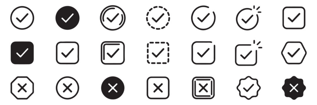 Collection of various check mark icons set. check mark icon set with circular and square outline checkbox tick symbols, flat isolated vector pictograms for approval, validation, success, completed. 