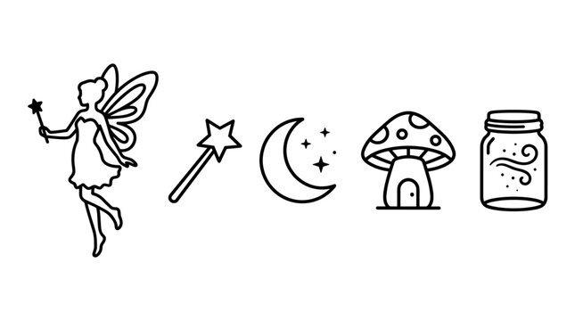 A collection of whimsical black and white line art icons representing a fairy, magic wand, moon, mushroom house, and jar.