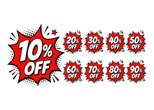 Comic discount percentage set
vector 10,20,30,40,50,60,70,80,90 percent sale set