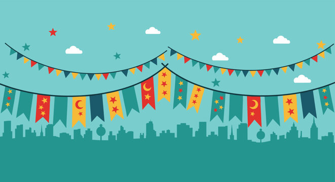 Festive colorful bunting flags hanging above a city skyline silhouette with stars and clouds in a light teal sky.