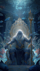 Fototapeta premium Greek mythology sea god Poseidon. Fantasy. A vivid portrayal of the ancient Greek god Poseidon, seated on an ornate golden throne. Poseidon holds a trident in his right hand.
