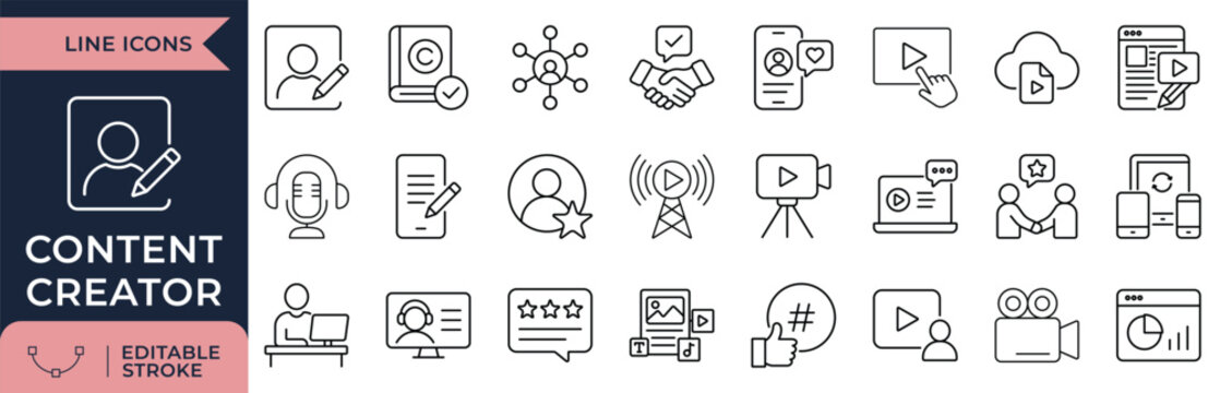 Content Creator, Influencer, and Vlogger Line Icon Set