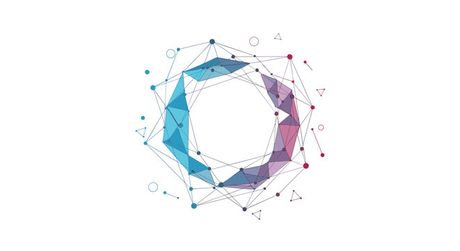 Abstract geometric circular connection with colorful triangles and connecting lines forming a complex digital network pattern on white.