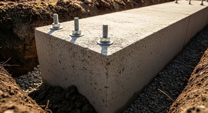 Concrete foundation beam with anchor bolts in construction trench