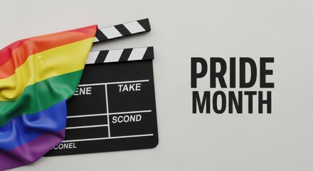 Naklejka premium Pride Month cinema concept with rainbow flag and movie clapperboard, LGBTQ representation in film industry, queer media and storytelling background
