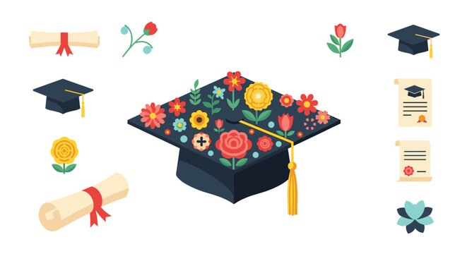 Decorative graduation cap adorned with colorful blooming flowers surrounded by diploma scrolls and smaller academic hats for seniors.