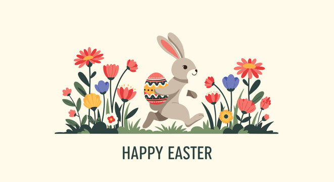 Cute Easter bunny character running through a field of blooming spring flowers while carrying a large decorated egg in a basket.