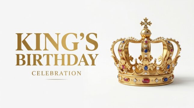 King's Birthday Celebration banner, ornate gold royal crown with jewels on white background, majestic monarchy holiday greeting card