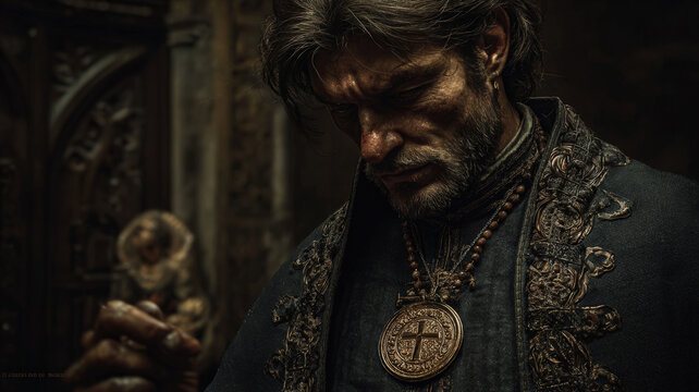 Europe medieval lifestyle. A detailed, atmospheric portrayal of a man, likely a religious figure, in a dimly lit, Gothicstyle setting. He wears ornate.
