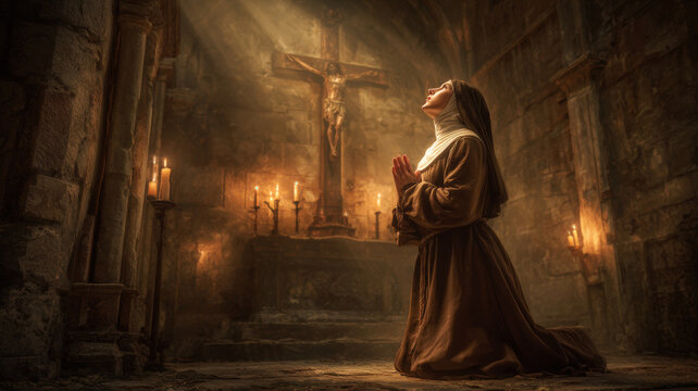 Europe medieval lifestyle. A dramatic portrayal of a nun in a dimly lit, stonewalled church. The nun, in a contemplative pose, her hands clasped together in prayer. She wears a long.
