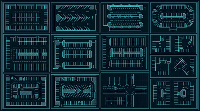 Urban Planning Parking Layout Blueprint Technical Drawing Vector Set Cyan Outline on Black Background