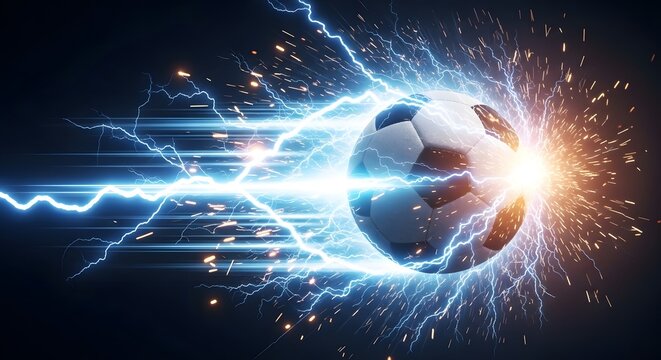 Soccer ball exploding with high voltage blue lightning bolts and bright orange sparks against a dark background with dramatic motion zoom speed lines, powerful sports energy concept