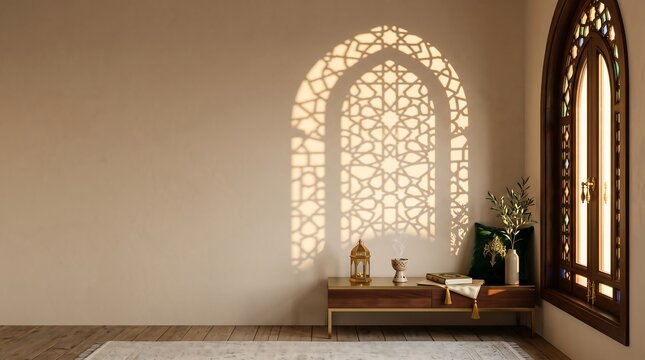 Interior room with traditional middle eastern arch window design and warm sunlight casting geometric shadows on the wall next to a wooden console table with a lantern and decorative plant